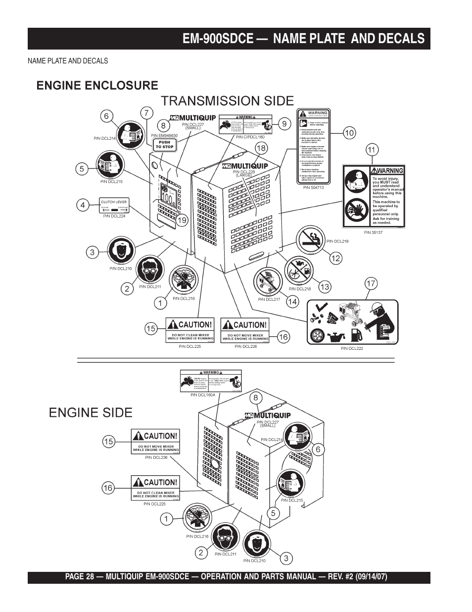 Em-900sdce — name plate and decals | Multiquip EM900SDCE User Manual | Page 28 / 44