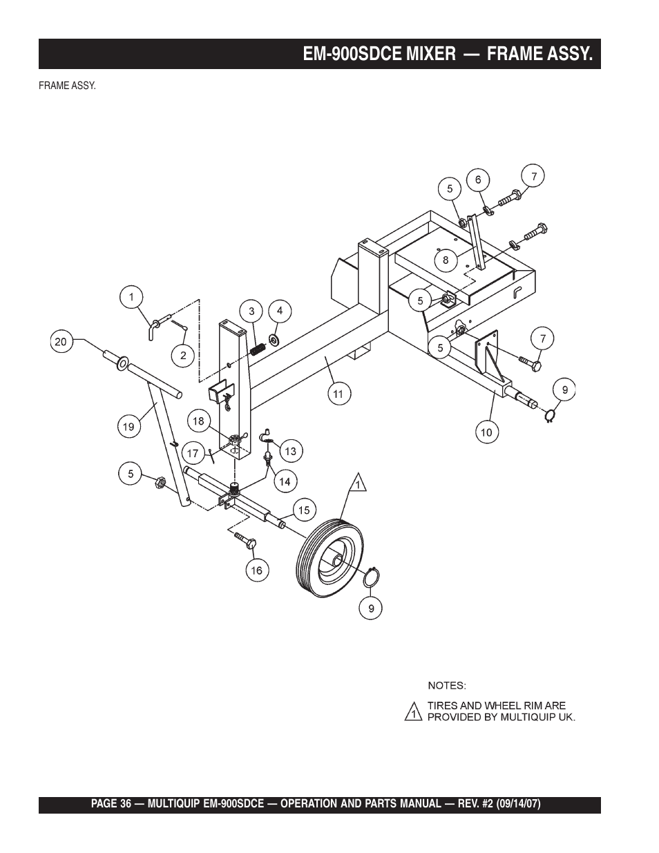 Em-900sdce mixer — frame assy | Multiquip EM900SDCE User Manual | Page 36 / 44