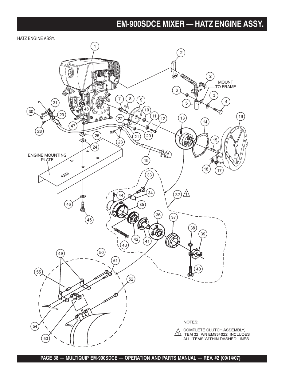 Em-900sdce mixer — hatz engine assy | Multiquip EM900SDCE User Manual | Page 38 / 44