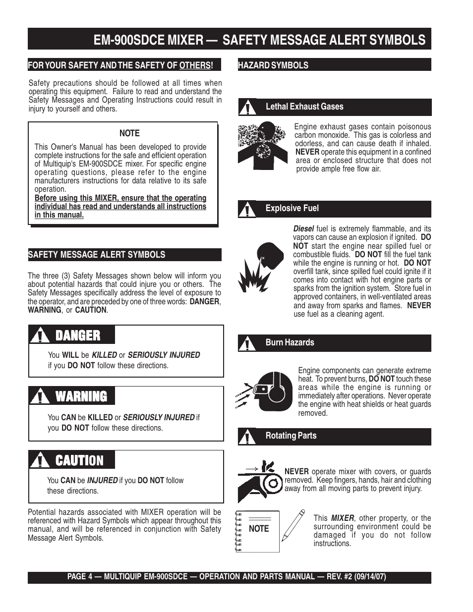 Em-900sdce mixer — safety message alert symbols, Cauti | Multiquip EM900SDCE User Manual | Page 4 / 44