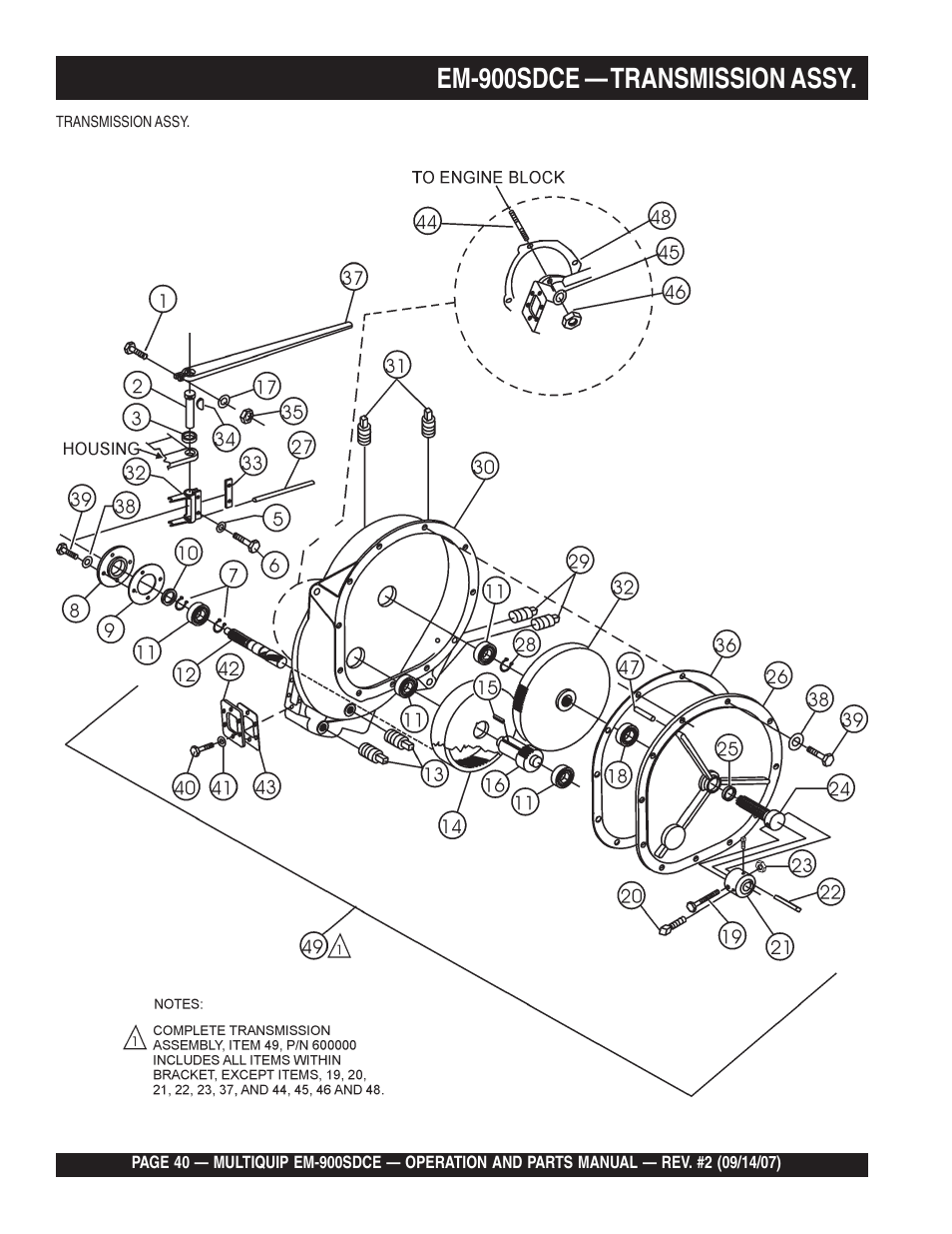 Em-900sdce — transmission assy | Multiquip EM900SDCE User Manual | Page 40 / 44