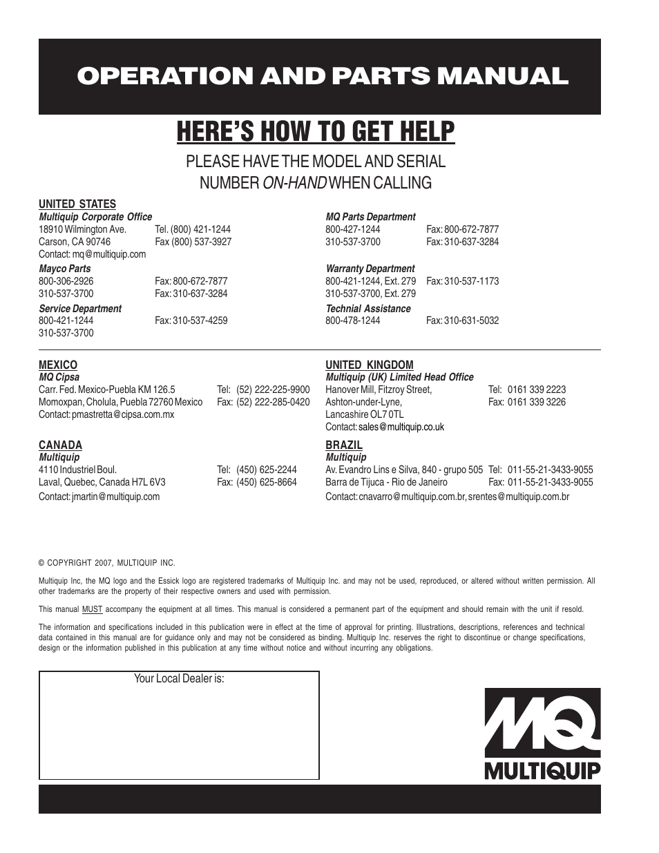 Here’s how to get help, Operation and parts manual, On-hand | Please have the model and serial number, When calling | Multiquip EM900SDCE User Manual | Page 44 / 44