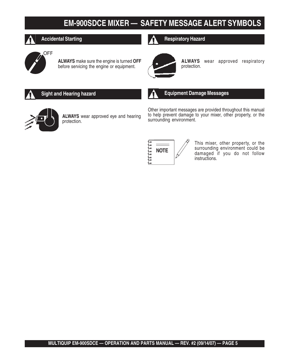 Em-900sdce mixer — safety message alert symbols | Multiquip EM900SDCE User Manual | Page 5 / 44