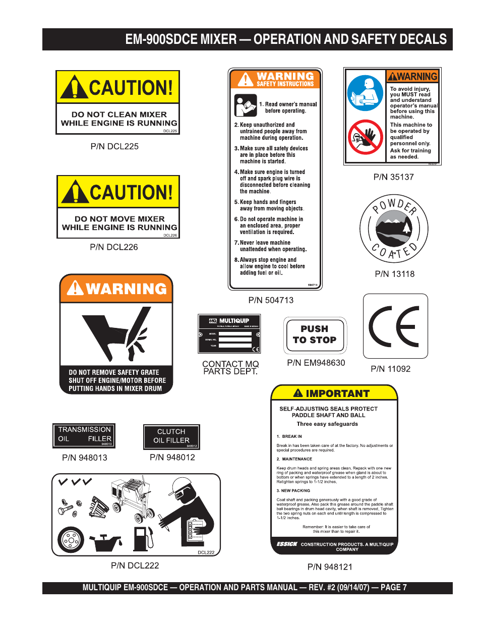 Em-900sdce mixer — operation and safety decals | Multiquip EM900SDCE User Manual | Page 7 / 44