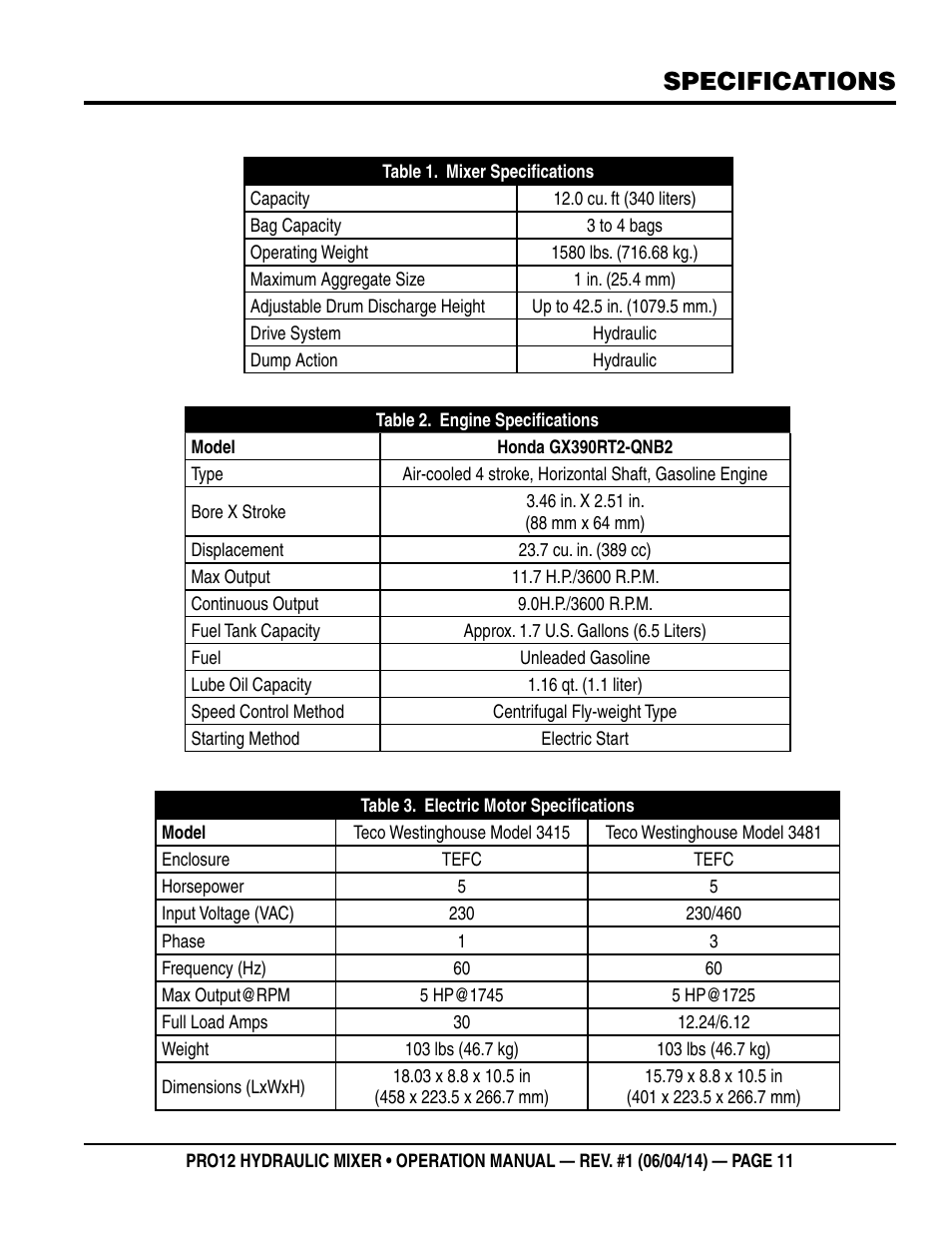 Specifications | Multiquip PRO12E53 User Manual | Page 11 / 38