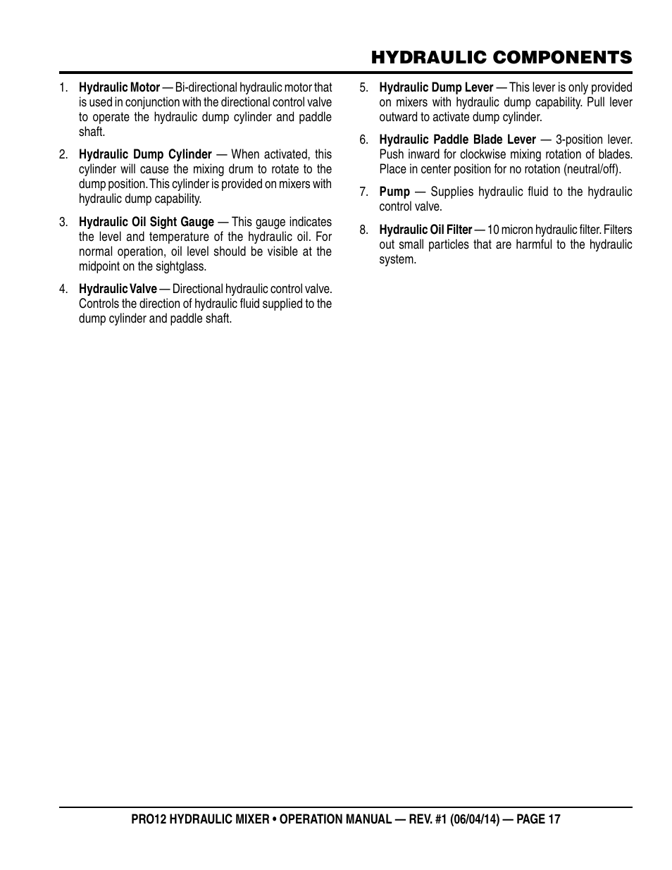 Hydraulic components | Multiquip PRO12E53 User Manual | Page 17 / 38