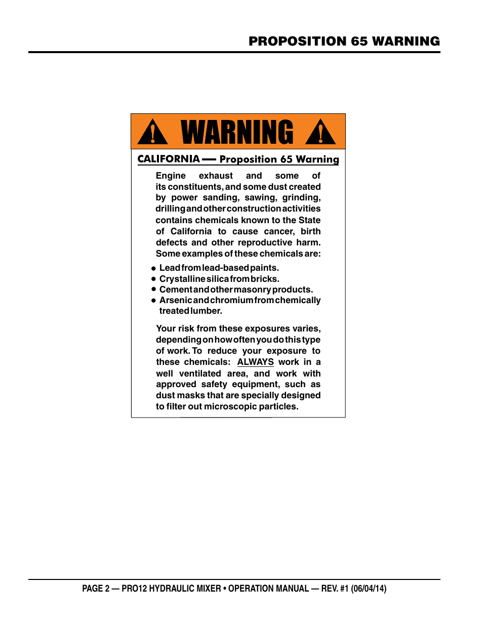 Proposition 65 warning | Multiquip PRO12E53 User Manual | Page 2 / 38