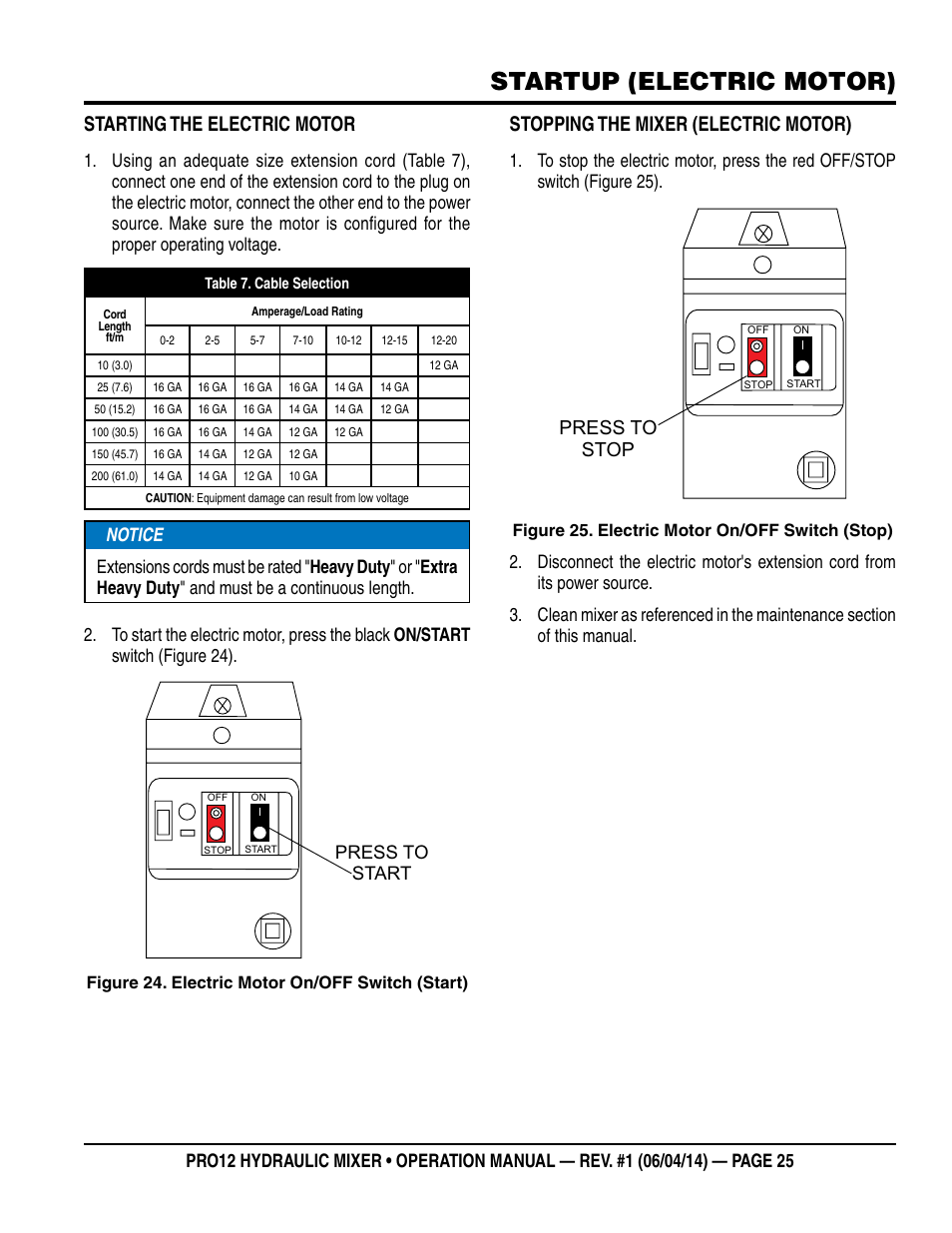 Startup (electric motor), Starting the electric motor, Stopping the mixer (electric motor) | Press to stop, Press to start | Multiquip PRO12E53 User Manual | Page 25 / 38