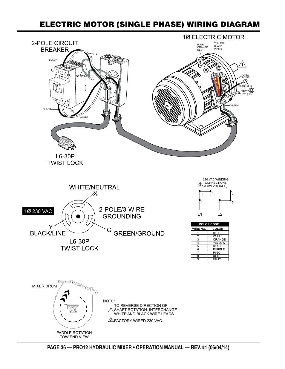 Electric motor (single phase) wiring diagram, 1ø 230 vac, Ab a b | Multiquip PRO12E53 User Manual | Page 36 / 38