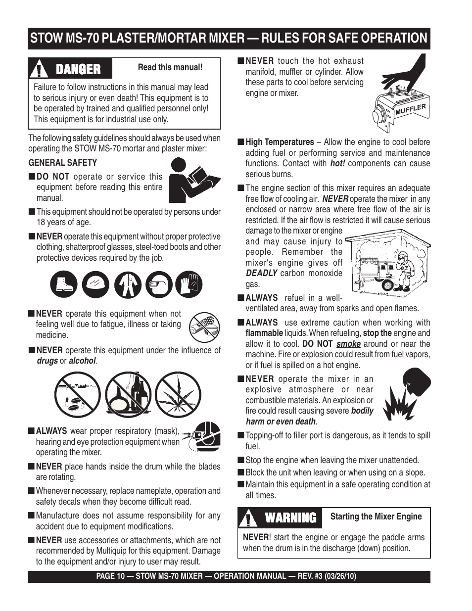 Danger, Warning | Multiquip MS70 User Manual | Page 10 / 94