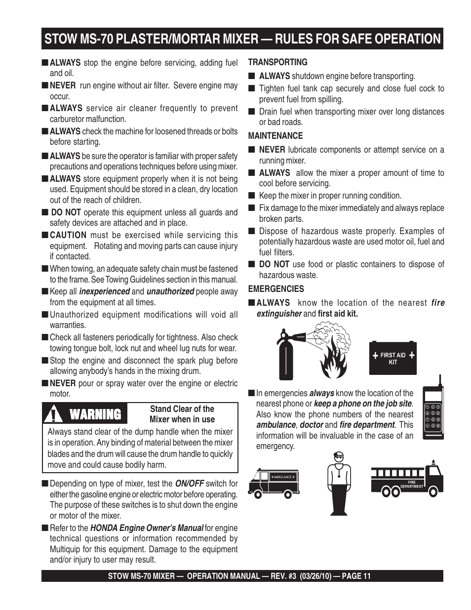 Warning | Multiquip MS70 User Manual | Page 11 / 94