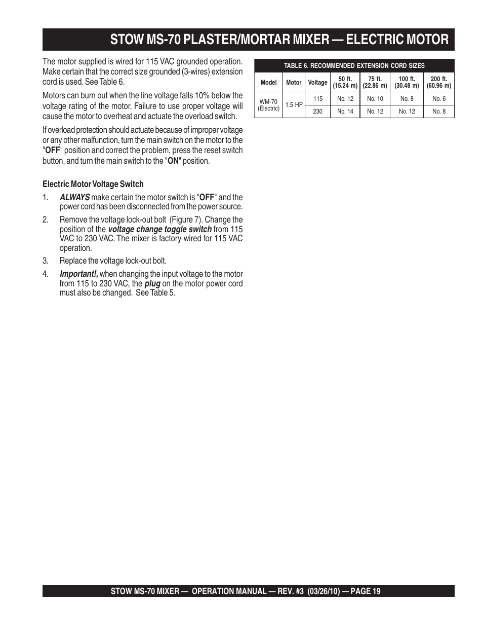 Stow ms-70 plaster/mortar mixer — electric motor, Always, Voltage change toggle switch | Important, Plug | Multiquip MS70 User Manual | Page 19 / 94