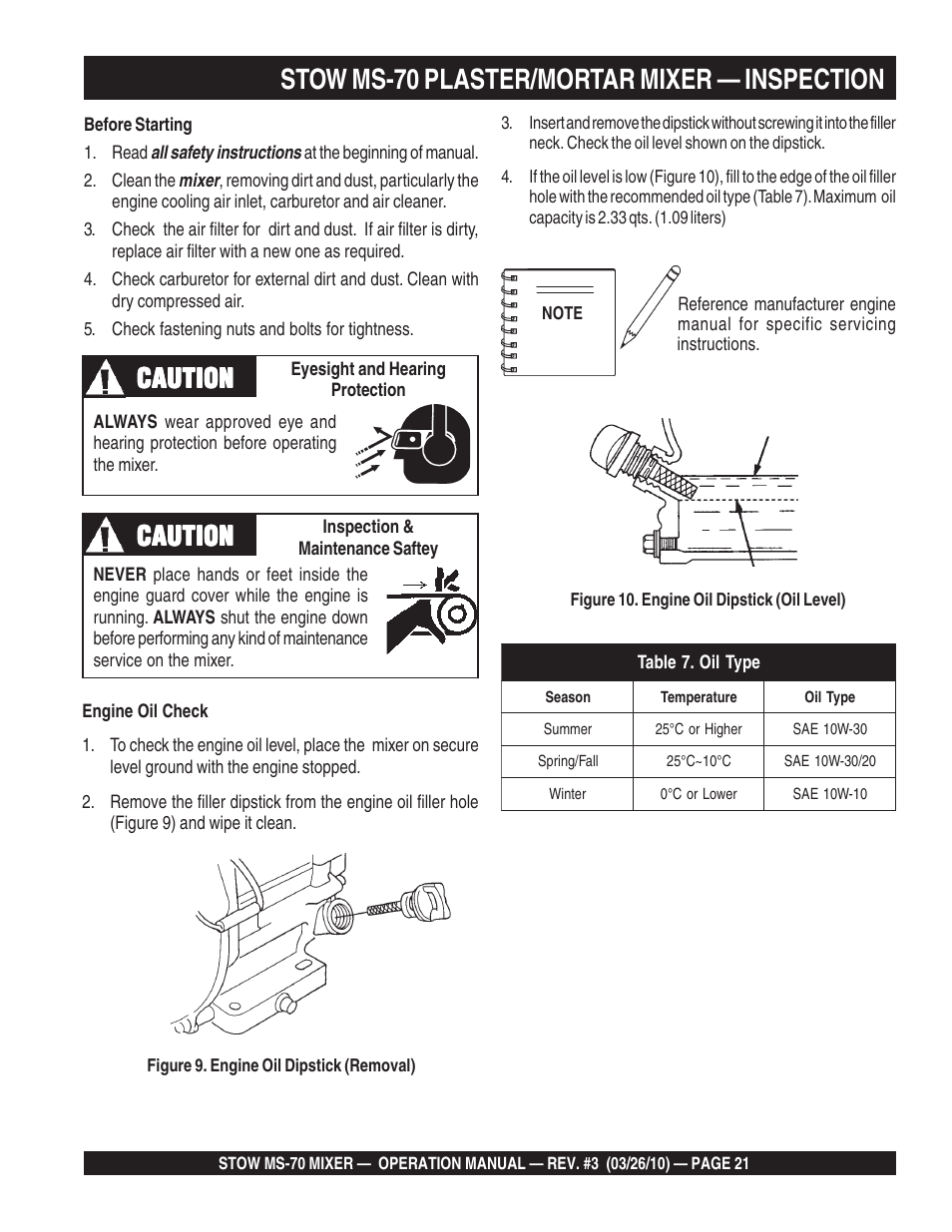 Stow ms-70 plaster/mortar mixer — inspection, Caution | Multiquip MS70 User Manual | Page 21 / 94