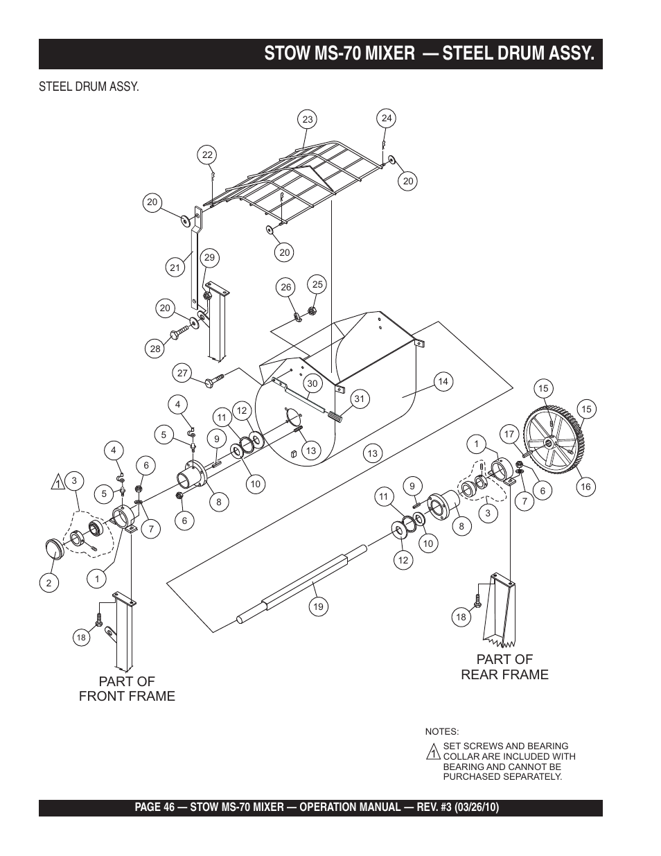 Stow ms-70 mixer — steel drum assy, Part of front frame part of rear frame, Steel drum assy | Multiquip MS70 User Manual | Page 46 / 94
