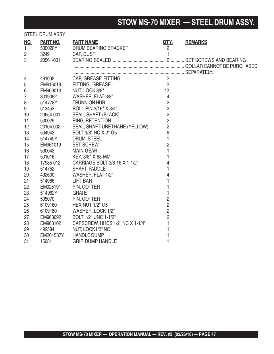 Stow ms-70 mixer — steel drum assy | Multiquip MS70 User Manual | Page 47 / 94