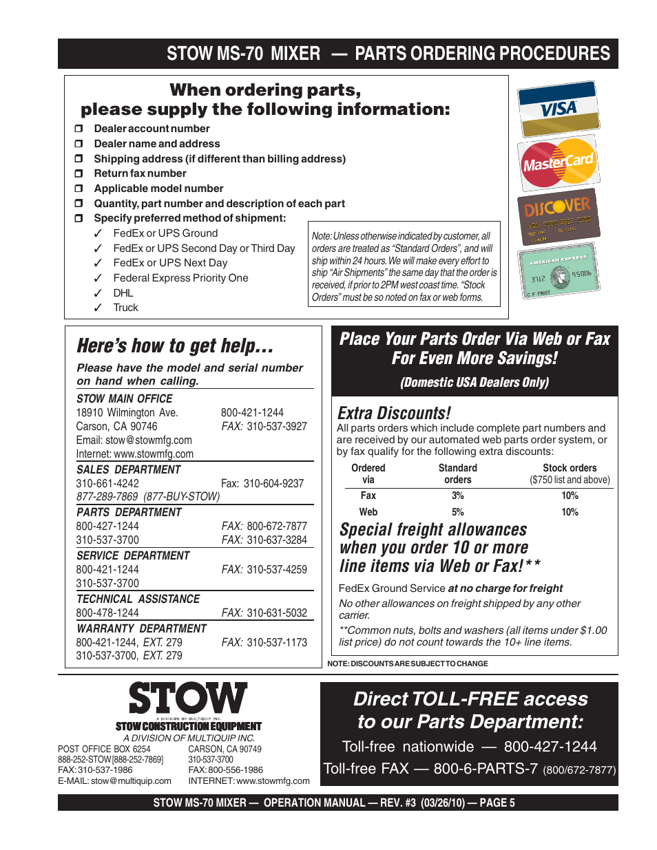 Stow ms-70 mixer — parts ordering procedures, Here’s how to get help, Direct toll-free access to our parts department | Extra discounts | Multiquip MS70 User Manual | Page 5 / 94