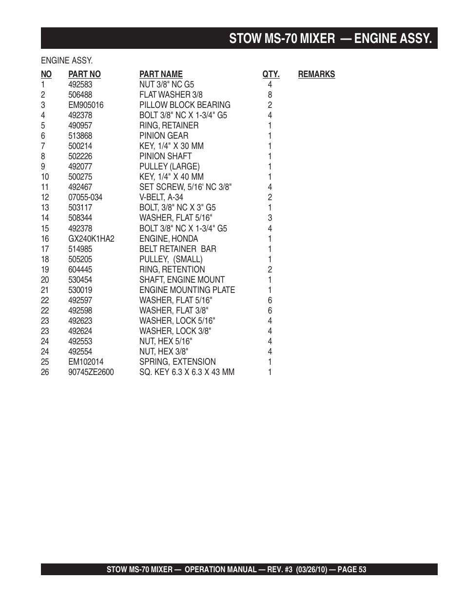 Stow ms-70 mixer — engine assy | Multiquip MS70 User Manual | Page 53 / 94