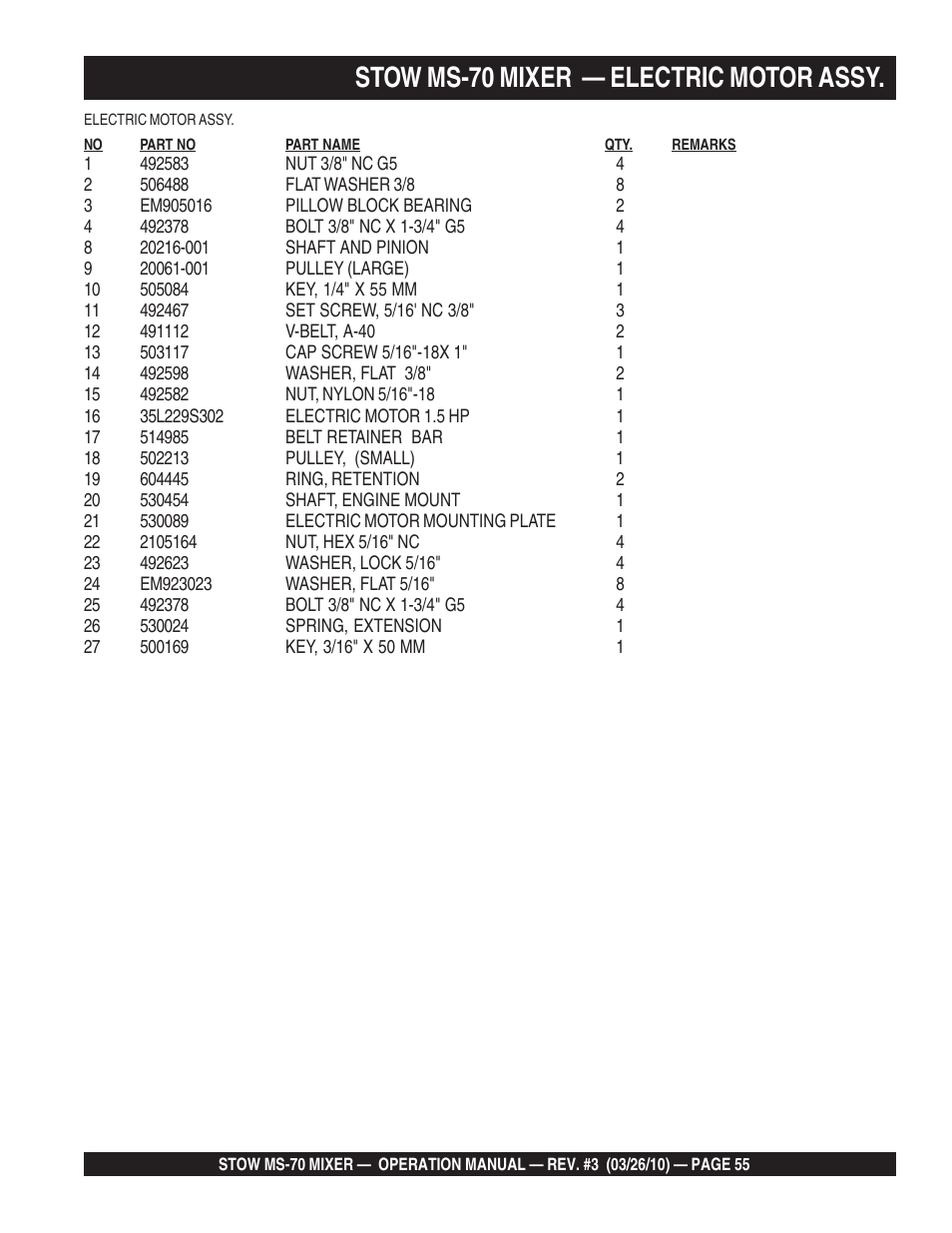 Stow ms-70 mixer — electric motor assy | Multiquip MS70 User Manual | Page 55 / 94