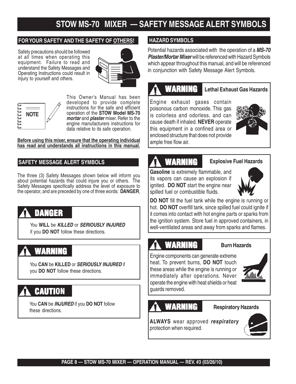 Stow ms-70 mixer — safety message alert symbols, Cauti, Warning | Multiquip MS70 User Manual | Page 8 / 94