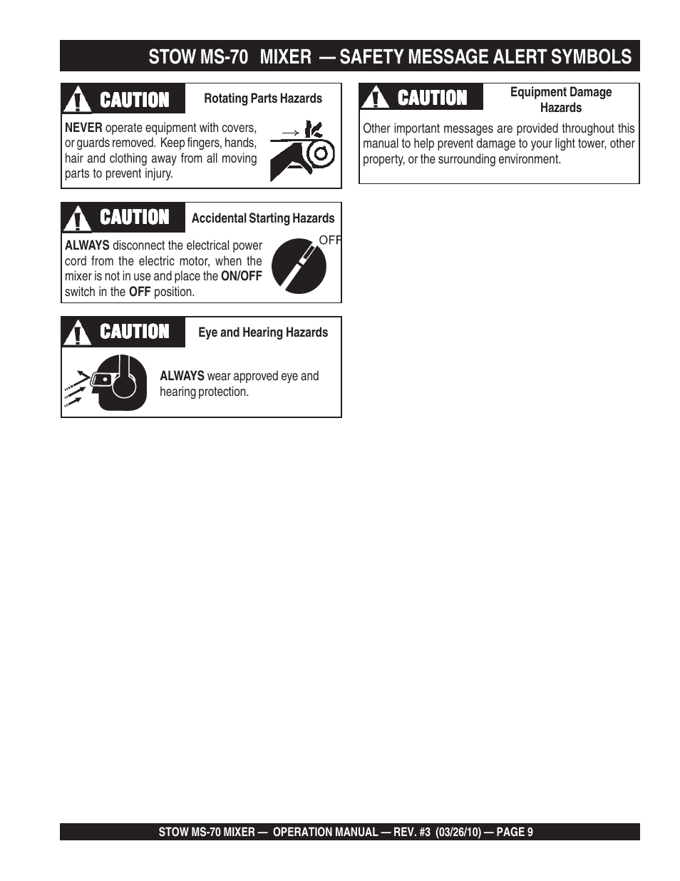 Stow ms-70 mixer — safety message alert symbols | Multiquip MS70 User Manual | Page 9 / 94