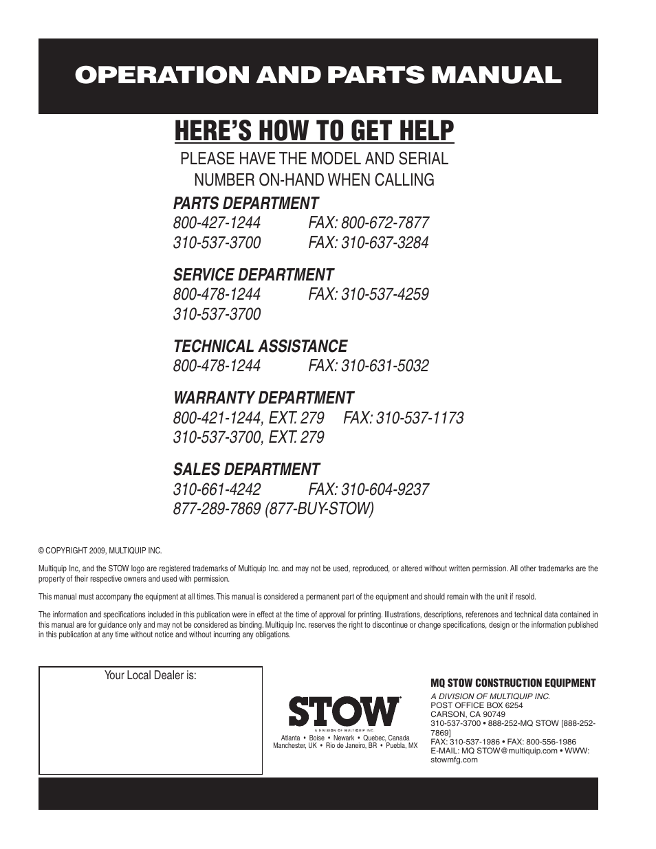 Here’s how to get help, Operation and parts manual | Multiquip MS70 User Manual | Page 94 / 94