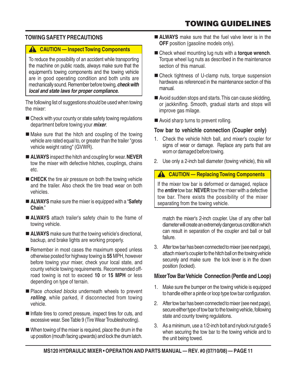 Towing guidelines | Multiquip MS120HD13 User Manual | Page 11 / 92