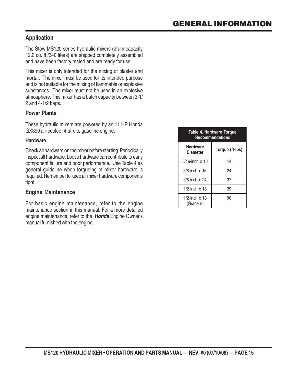 General information, Application, Power plants | Engine maintenance | Multiquip MS120HD13 User Manual | Page 15 / 92