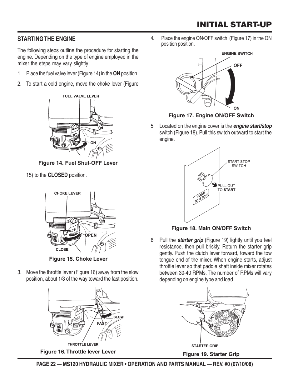 Initial start-up, Starting the engine | Multiquip MS120HD13 User Manual | Page 22 / 92