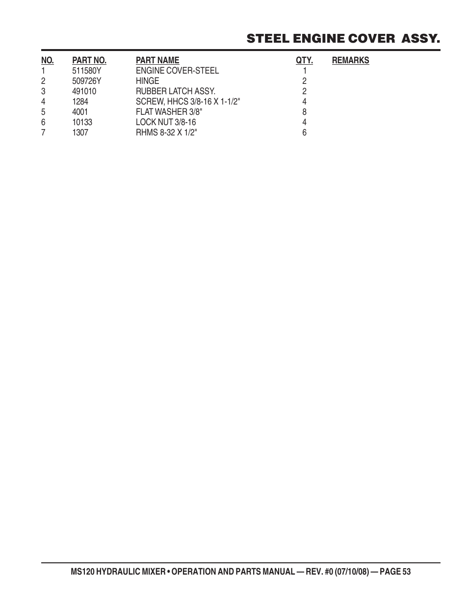 Steel engine cover assy | Multiquip MS120HD13 User Manual | Page 53 / 92