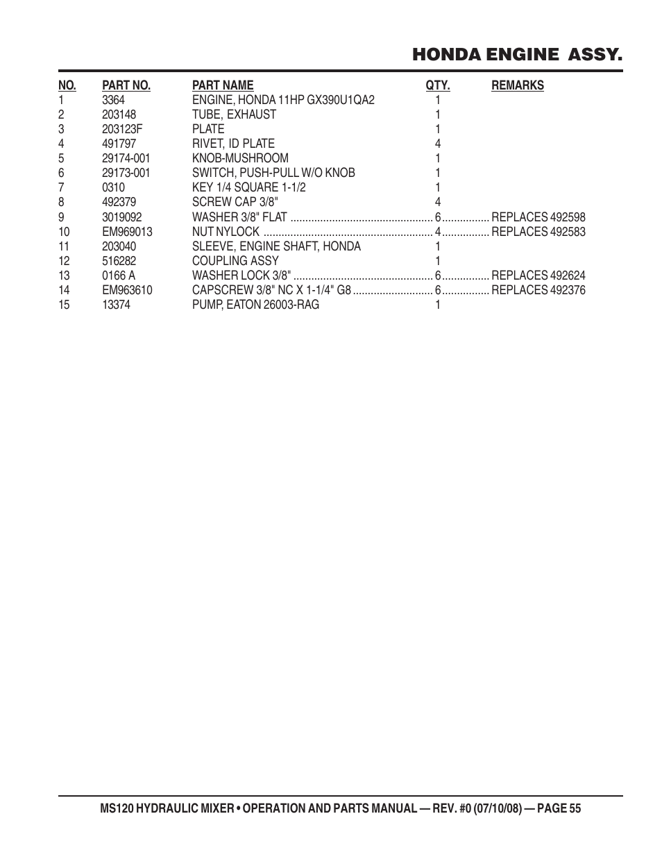 Honda engine assy | Multiquip MS120HD13 User Manual | Page 55 / 92