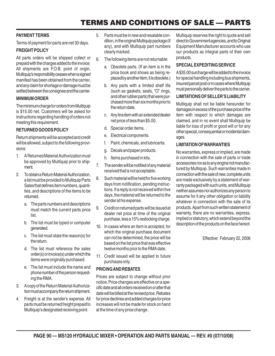 Terms and conditions of sale — parts | Multiquip MS120HD13 User Manual | Page 90 / 92