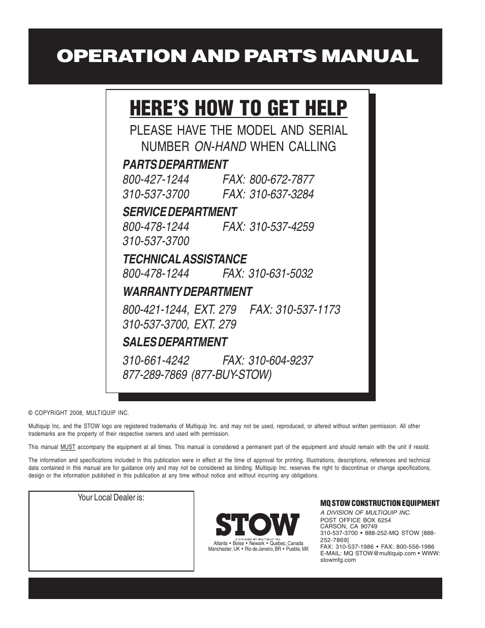 Here’s how to get help, Operation and parts manual | Multiquip MS120HD13 User Manual | Page 92 / 92