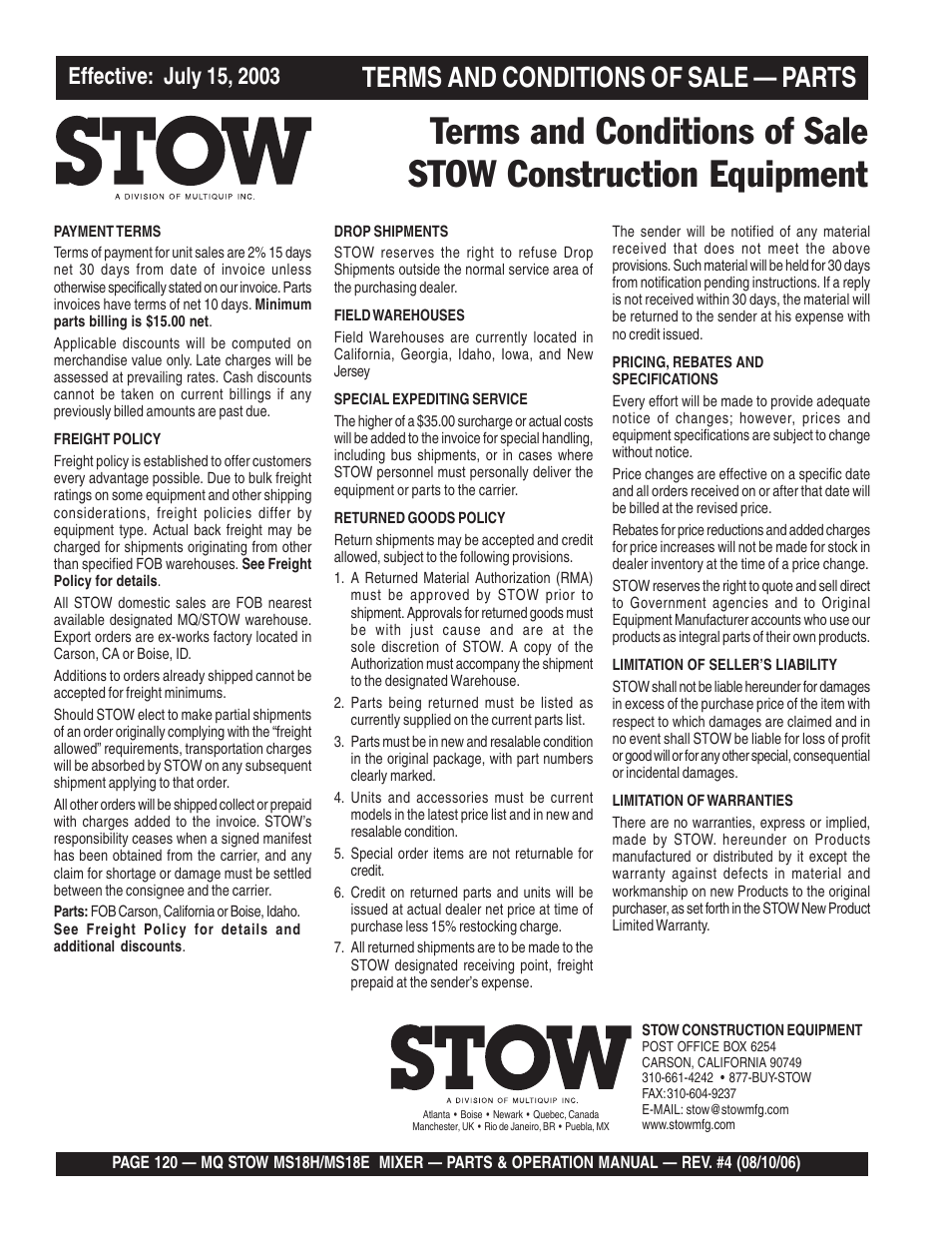 Terms and conditions of sale — parts | Multiquip MS18E User Manual | Page 120 / 122