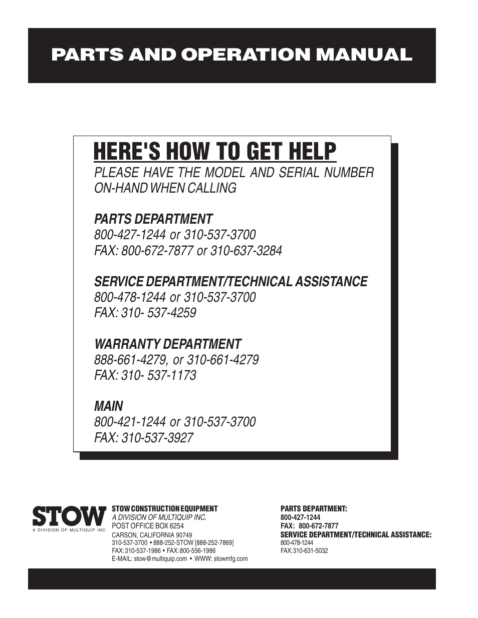 Here's how to get help, Parts and operation manual | Multiquip MS18E User Manual | Page 122 / 122