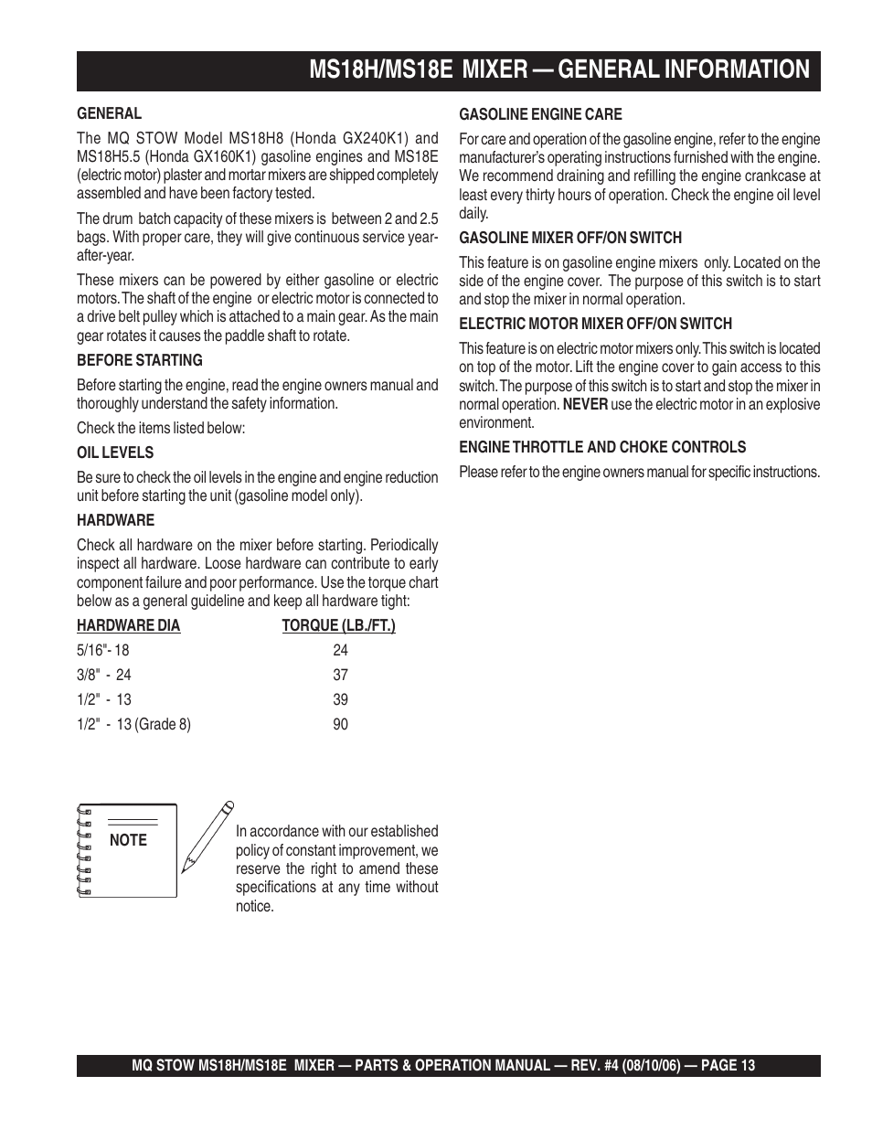 Ms18h/ms18e mixer — general information | Multiquip MS18E User Manual | Page 13 / 122