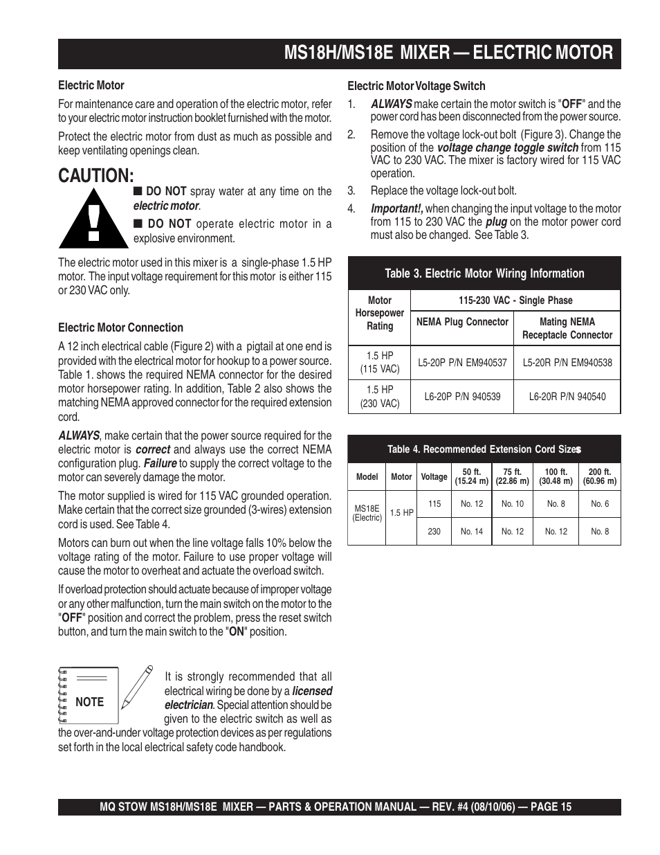 Ms18h/ms18e mixer — electric motor, Caution | Multiquip MS18E User Manual | Page 15 / 122