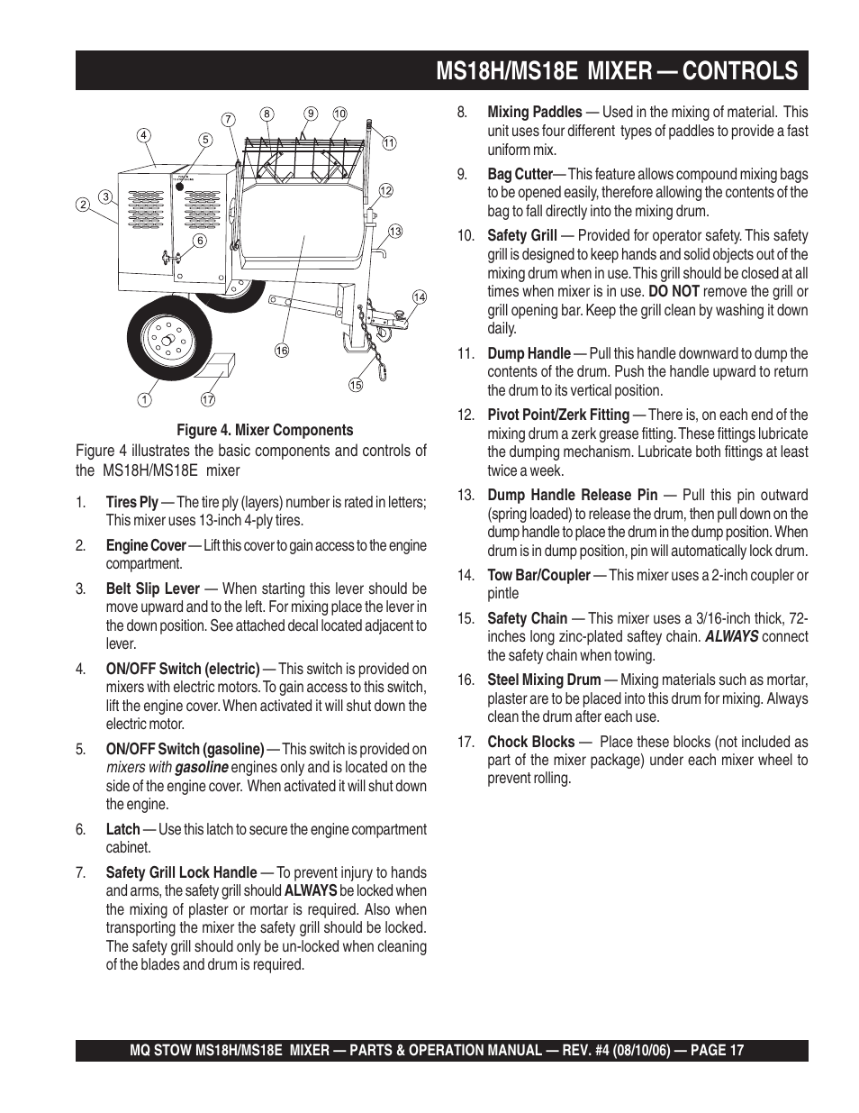 Ms18h/ms18e mixer — controls | Multiquip MS18E User Manual | Page 17 / 122
