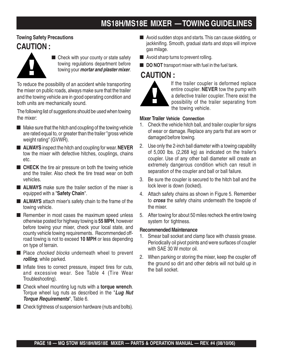 Ms18h/ms18e mixer — towing guidelines, Caution | Multiquip MS18E User Manual | Page 18 / 122