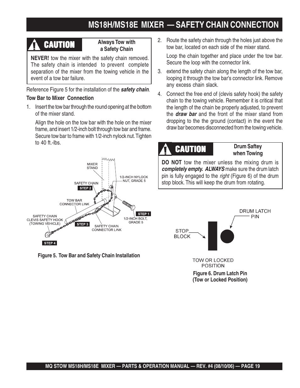 Ms18h/ms18e mixer — safety chain connection, Caution | Multiquip MS18E User Manual | Page 19 / 122