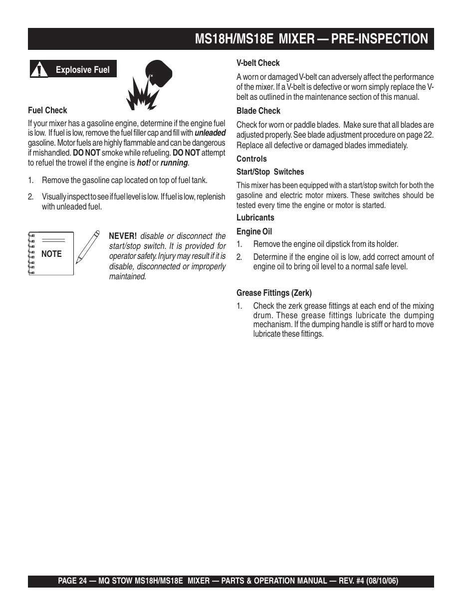 Ms18h/ms18e mixer — pre-inspection | Multiquip MS18E User Manual | Page 24 / 122