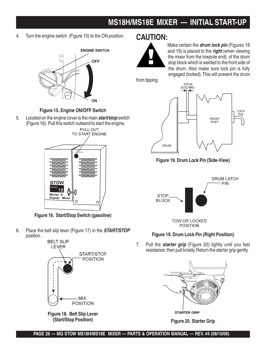 Ms18h/ms18e mixer — initial start-up, Caution | Multiquip MS18E User Manual | Page 26 / 122