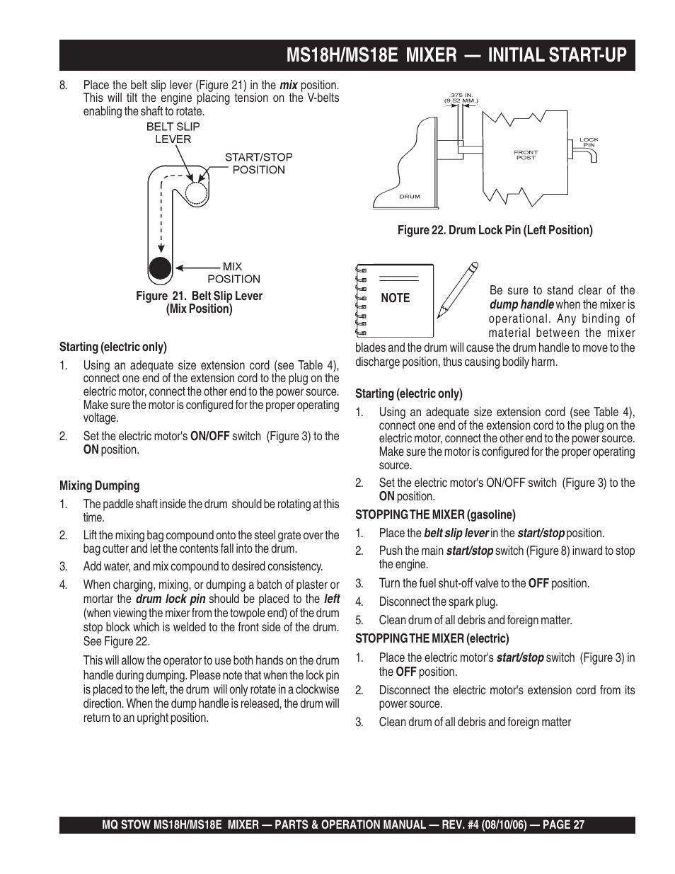 Ms18h/ms18e mixer — initial start-up | Multiquip MS18E User Manual | Page 27 / 122