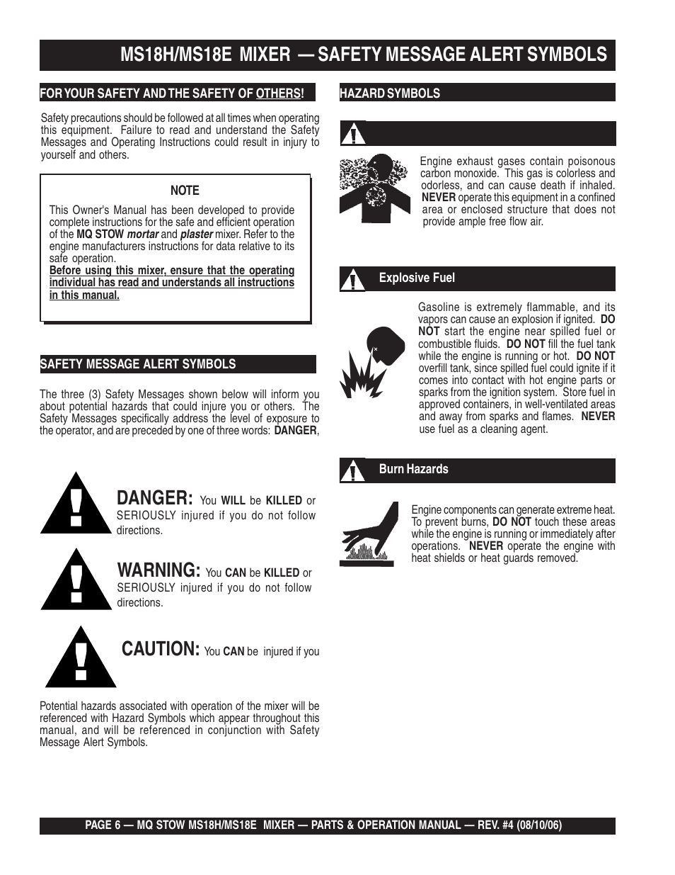 Danger, Warning, Caution | Ms18h/ms18e mixer — safety message alert symbols | Multiquip MS18E User Manual | Page 6 / 122