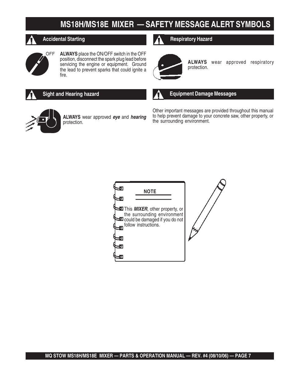 Ms18h/ms18e mixer — safety message alert symbols | Multiquip MS18E User Manual | Page 7 / 122