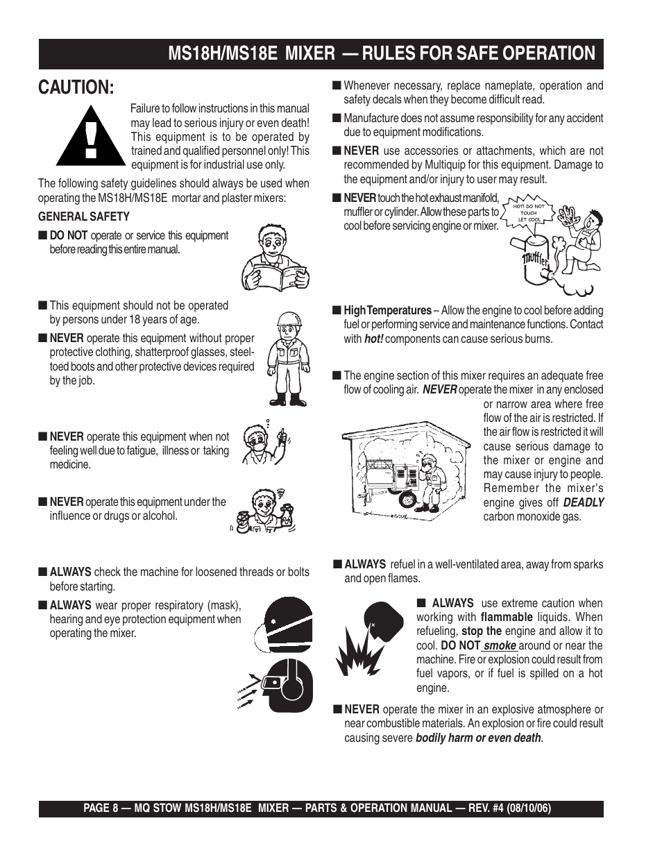 Caution, Ms18h/ms18e mixer — rules for safe operation | Multiquip MS18E User Manual | Page 8 / 122