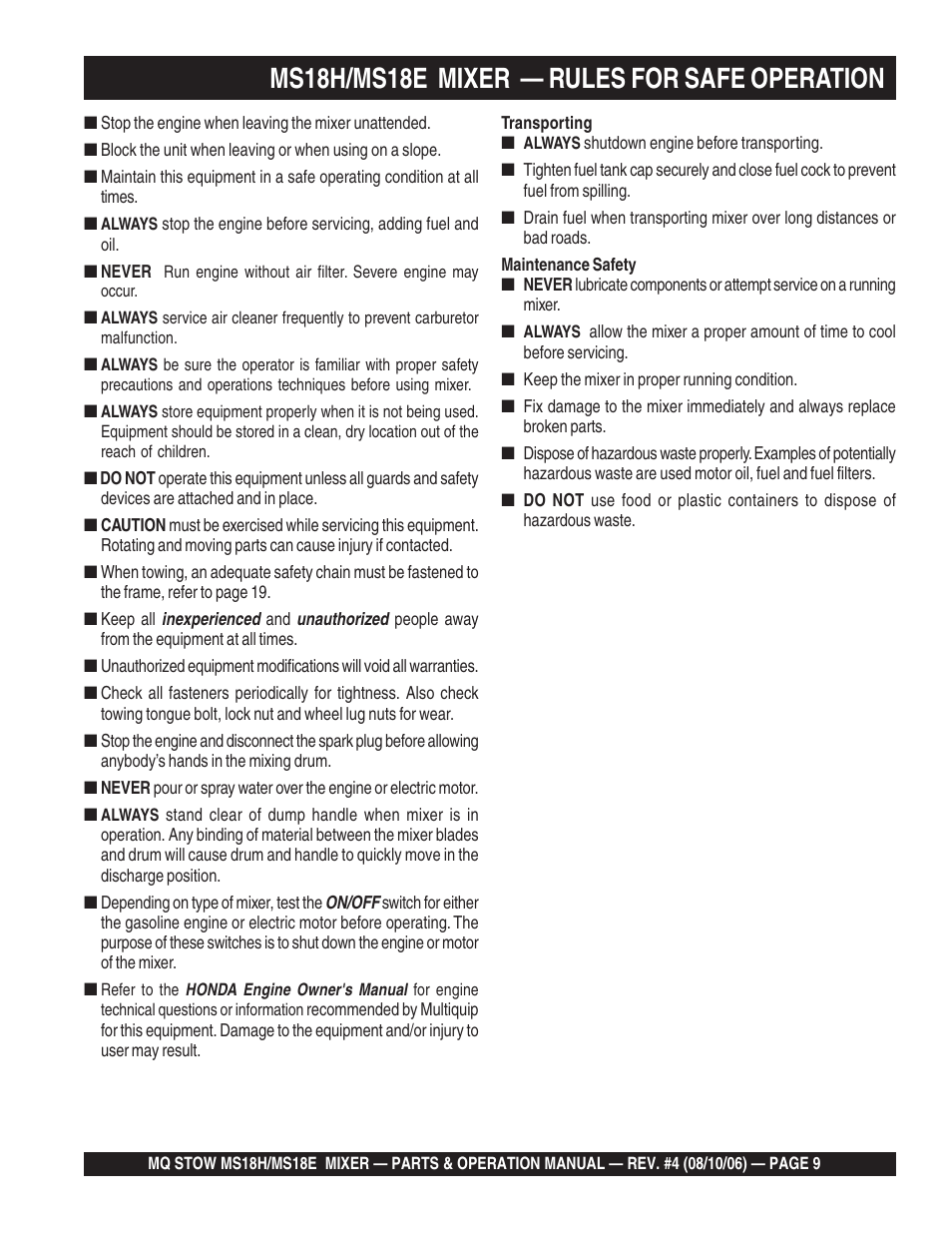 Ms18h/ms18e mixer — rules for safe operation | Multiquip MS18E User Manual | Page 9 / 122