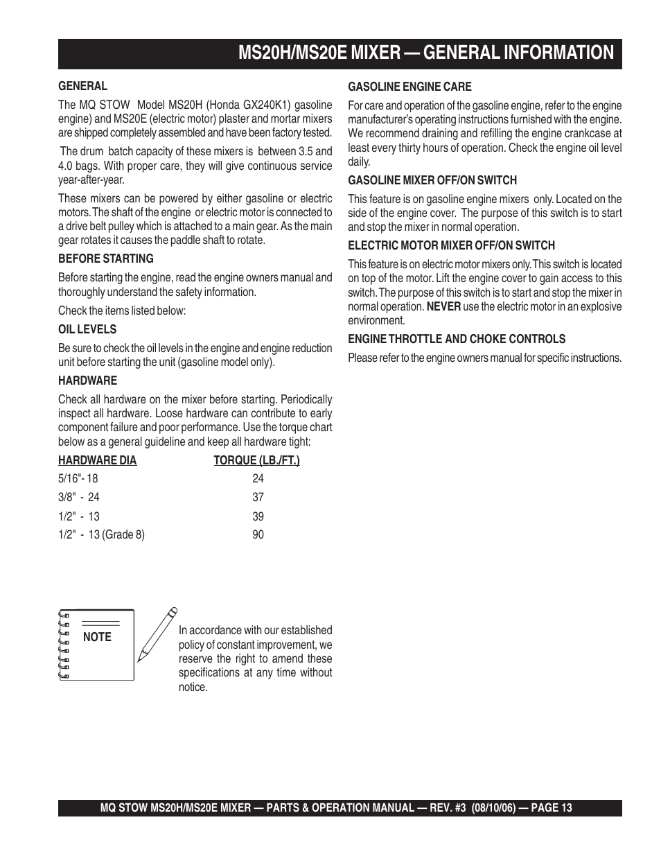 Ms20h/ms20e mixer — general information | Multiquip MS20E User Manual | Page 13 / 88