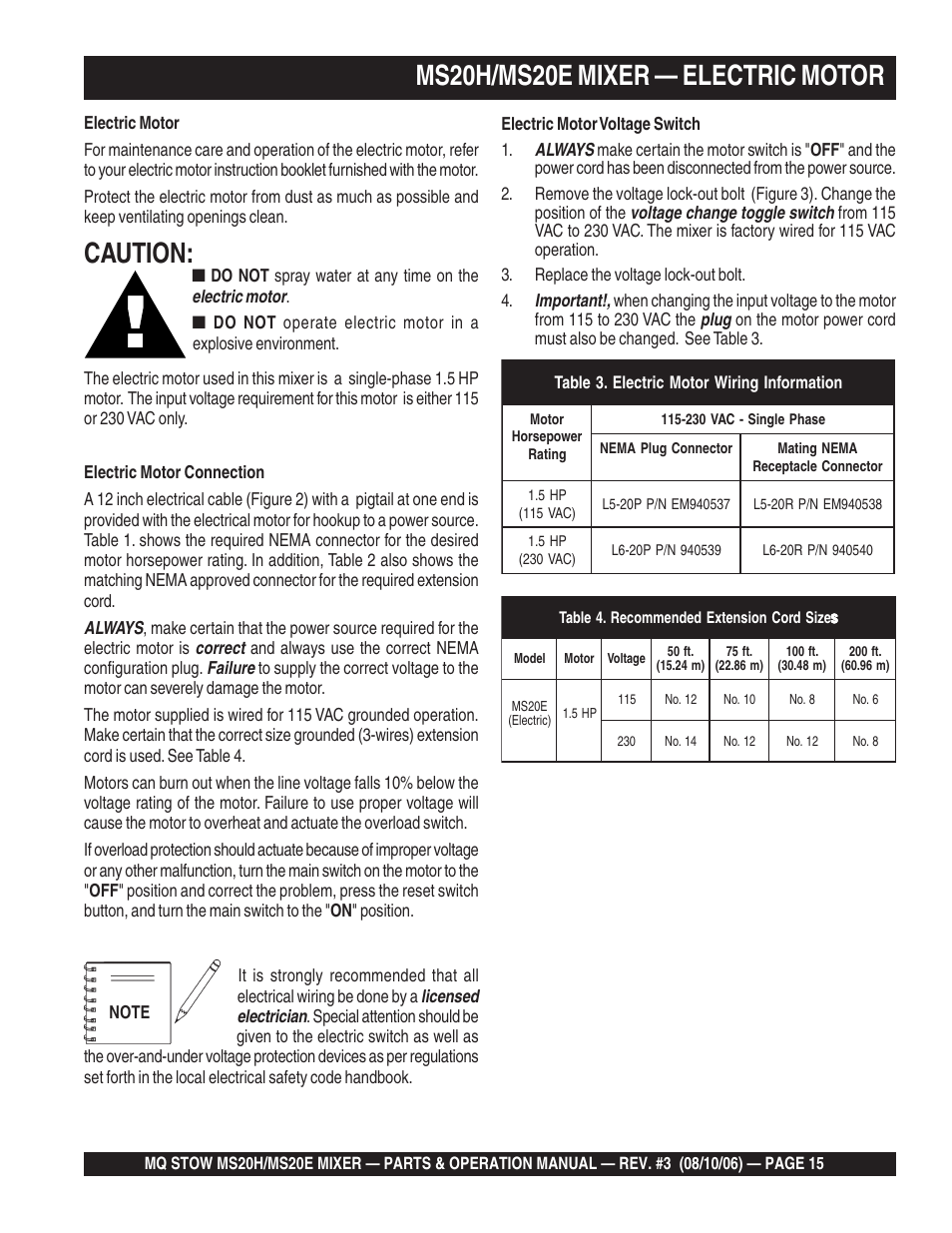 Ms20h/ms20e mixer — electric motor, Caution | Multiquip MS20E User Manual | Page 15 / 88