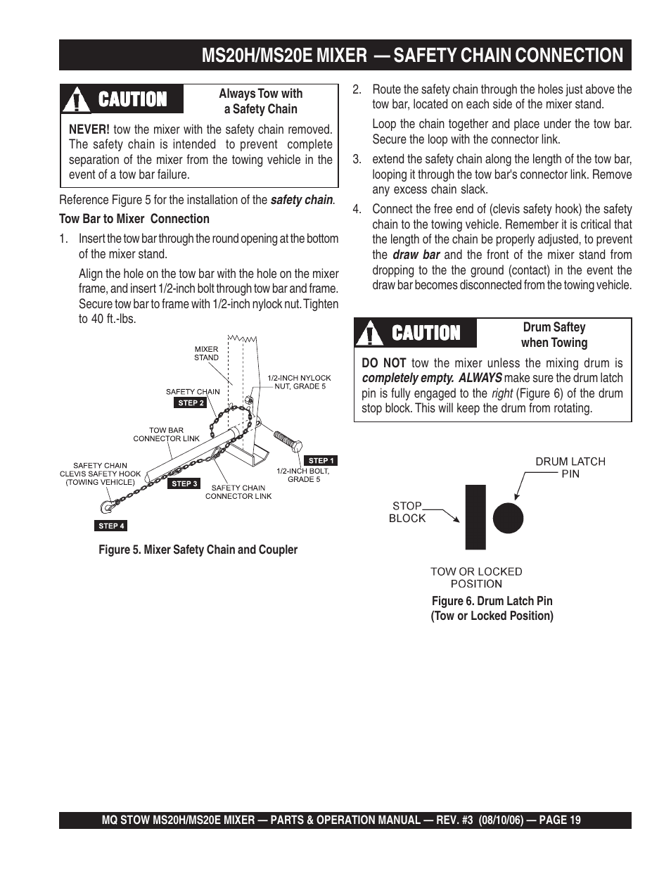 Ms20h/ms20e mixer — safety chain connection, Caution | Multiquip MS20E User Manual | Page 19 / 88