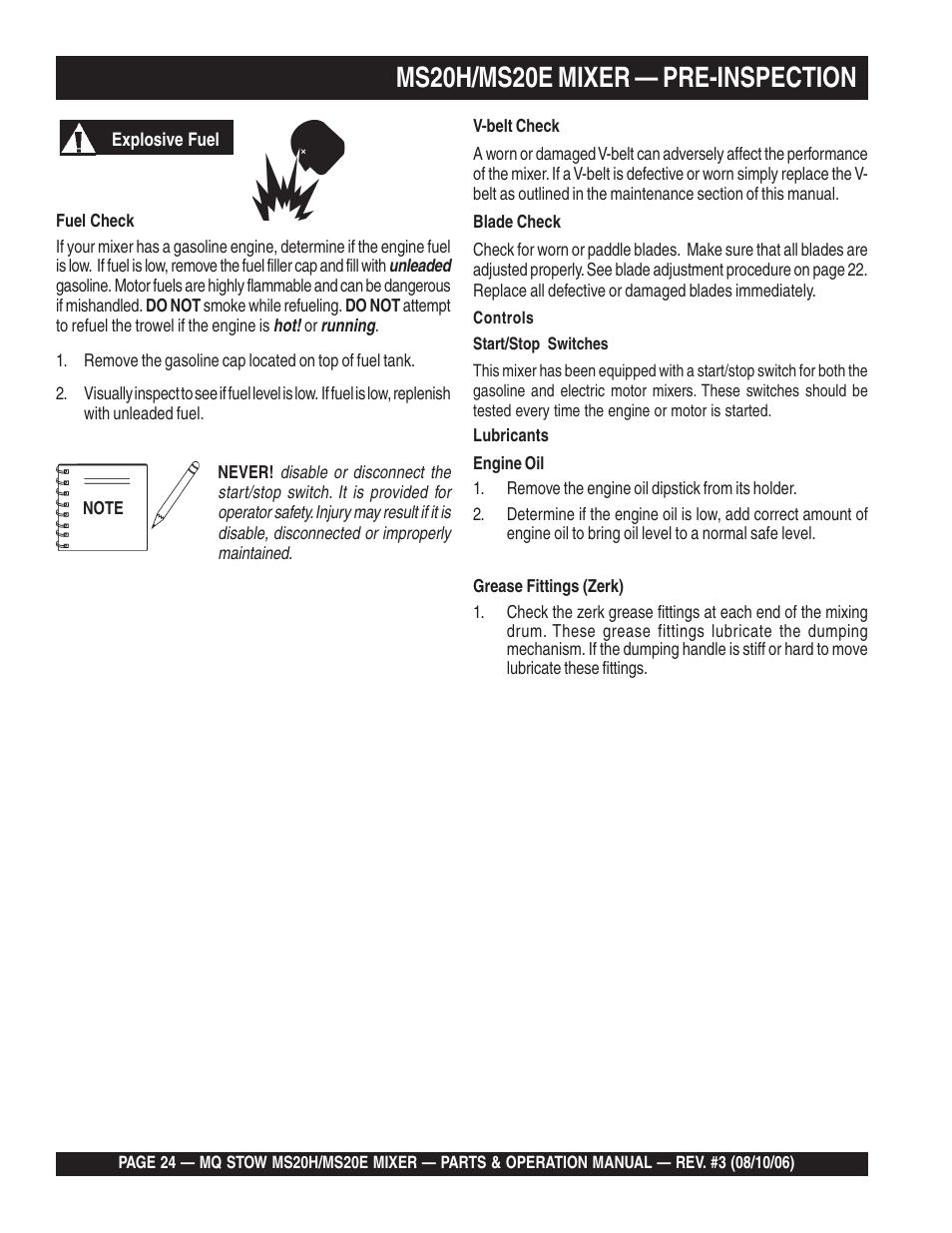 Ms20h/ms20e mixer — pre-inspection | Multiquip MS20E User Manual | Page 24 / 88